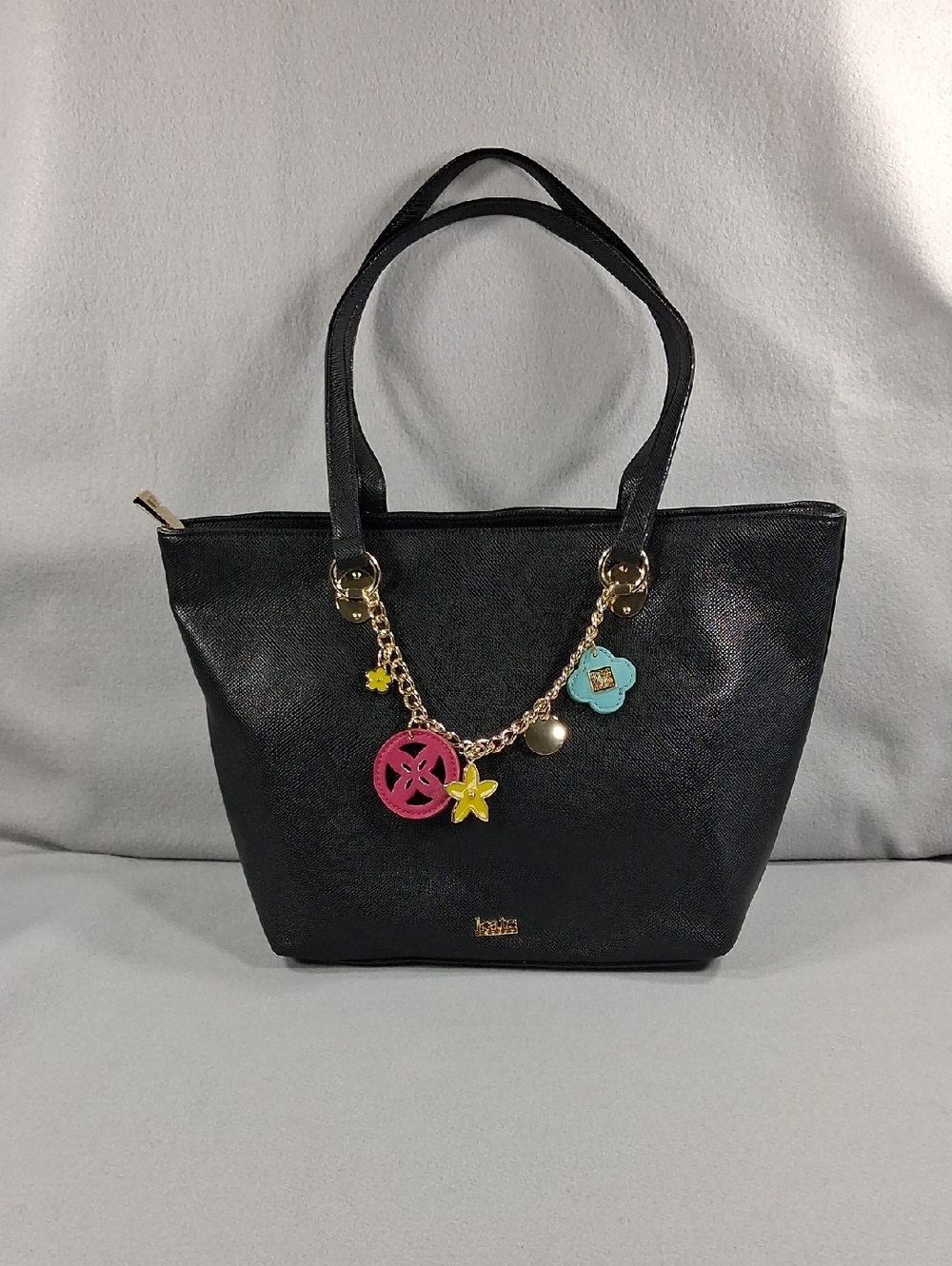 kate Landry Black Tote Purse  with Colorful Charm Chain